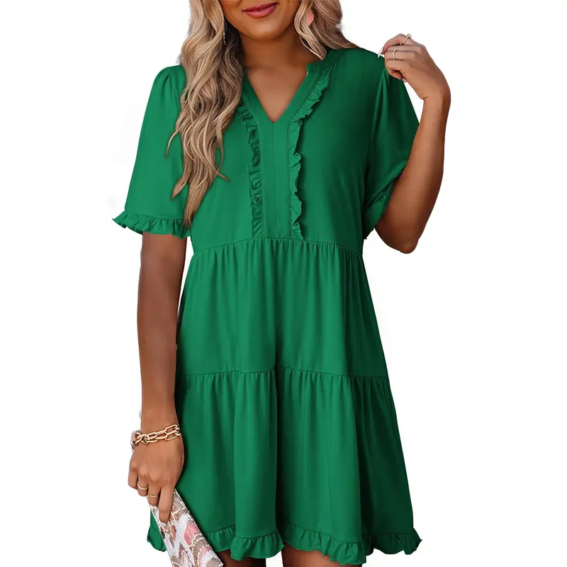 Womens Dresses 2026 Summer Spring V Neck Ruffle Short Sleeve Casual A-Line Flowy Swing Shift Dress Mini Dress