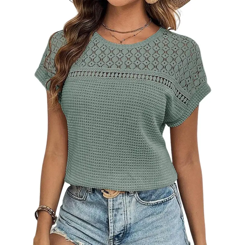 Women's Tops Casual Scoop Neck Short Sleeve Waffle Knit Hollow Out Shirts Loose Tunic Tops Blouses