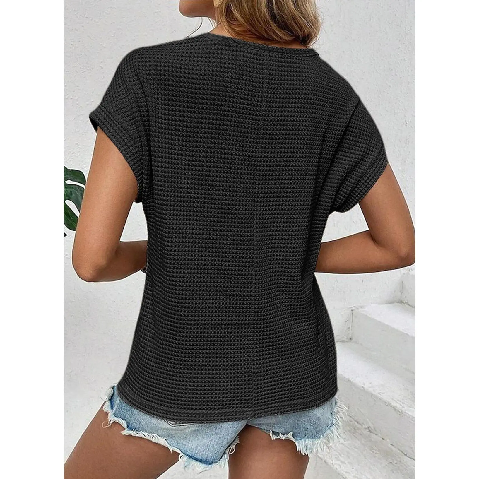 Dokotoo Women's Tops Casual Scoop Neck Short Sleeve Waffle Knit Hollow Out Shirts Loose Tunic Tops Blouses