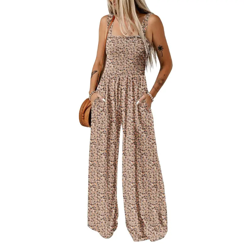 Women's Casual Loose Overalls Jumpsuits One Piece Sleeveless Printed Wide Leg Long Pant Rompers With Pockets Bohemian Womenswear