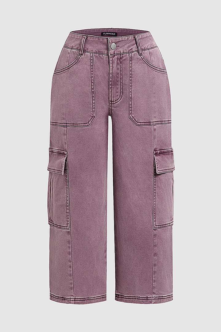 Flap Pocket Stitch Detail Mid Waist Straight Leg Capri Pants gallery 4