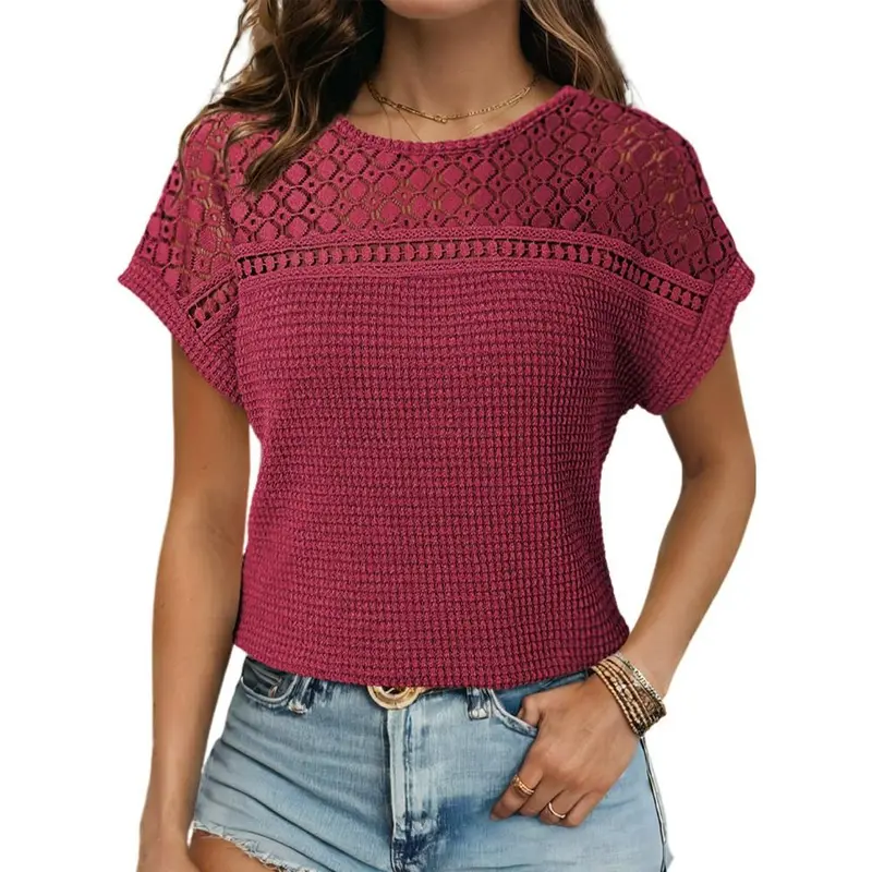 Women's Tops Casual Scoop Neck Short Sleeve Waffle Knit Hollow Out Shirts Loose Tunic Tops Blouses