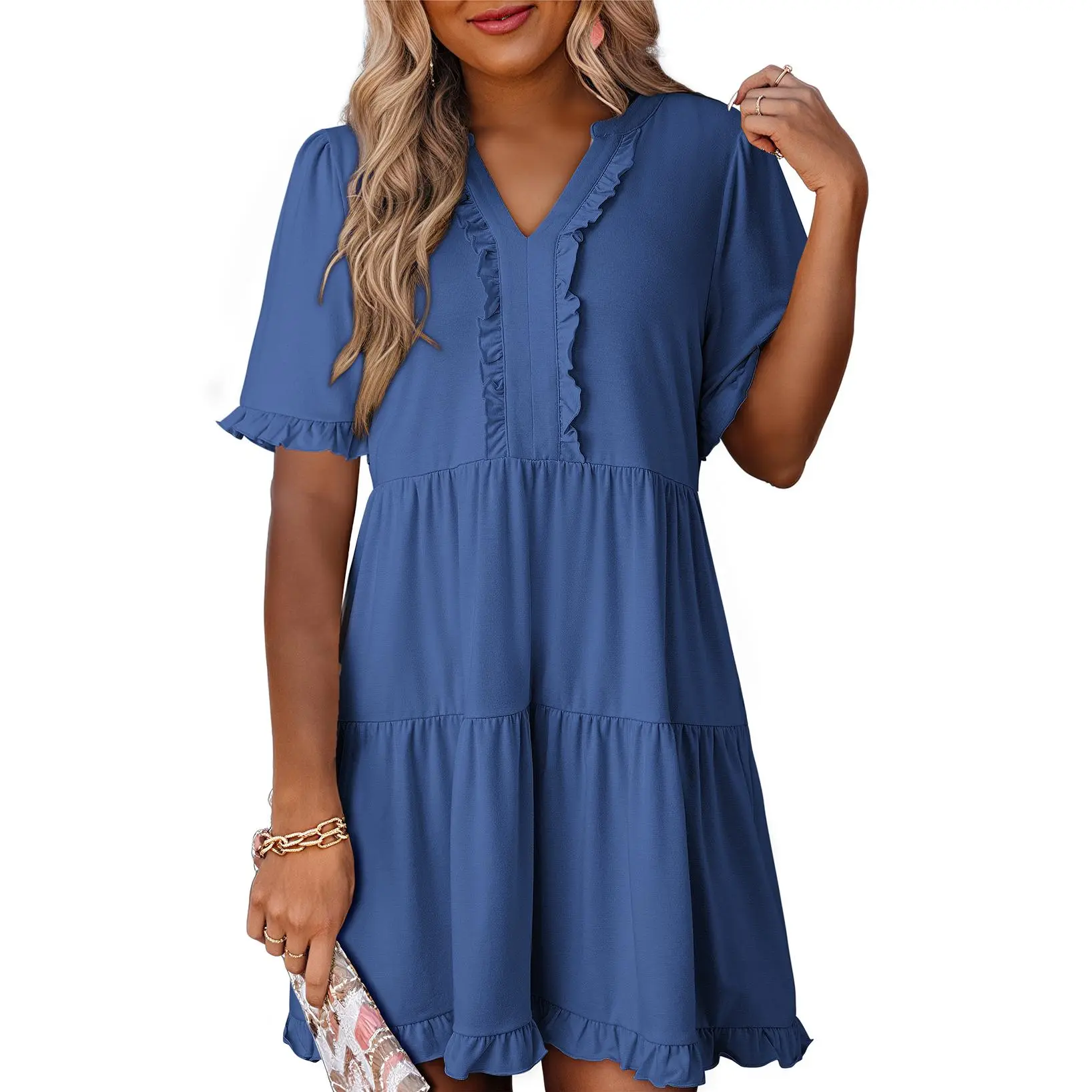 Womens Dresses 2026 Summer Spring V Neck Ruffle Short Sleeve Casual A-Line Flowy Swing Shift Dress Mini Dress