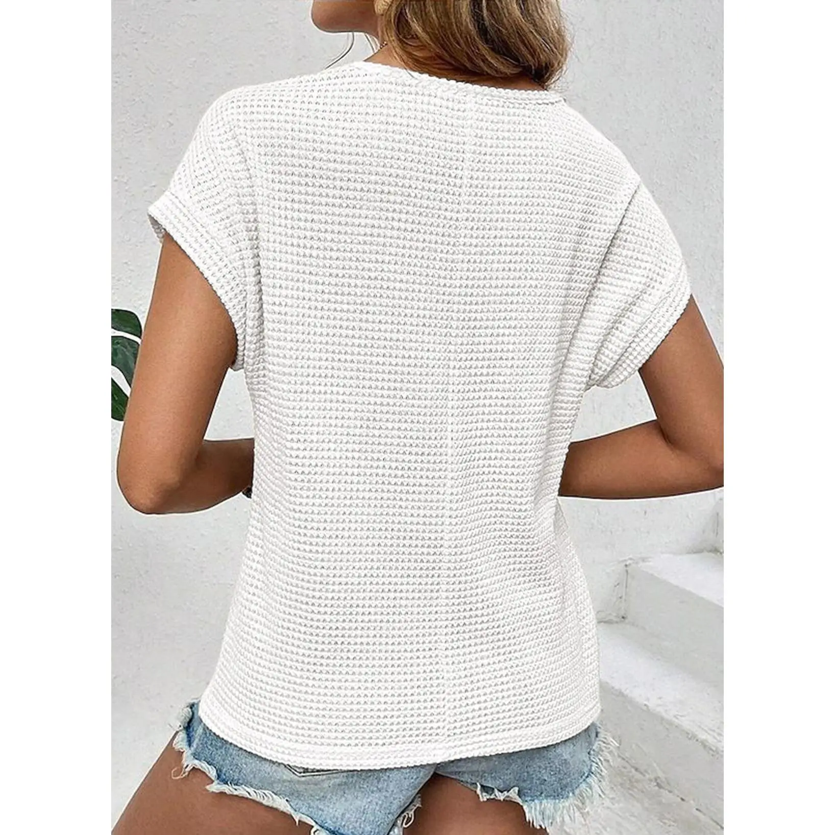 Dokotoo Women's Tops Casual Scoop Neck Short Sleeve Waffle Knit Hollow Out Shirts Loose Tunic Tops Blouses