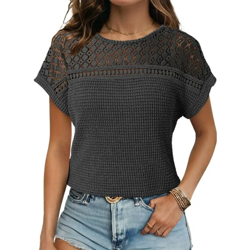 Women's Tops Casual Scoop Neck Short Sleeve Waffle Knit Hollow Out Shirts Loose Tunic Tops Blouses