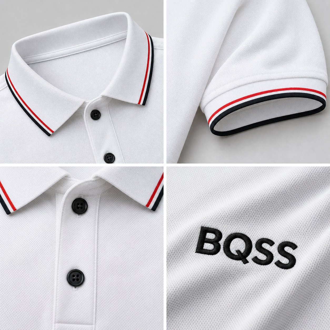 BQSS polo stripe collar cuff placket and pique fabric detail