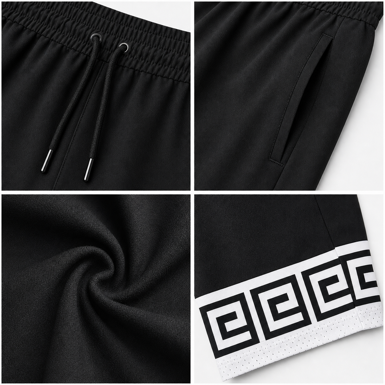 Waist pocket fabric and Greek key hem details