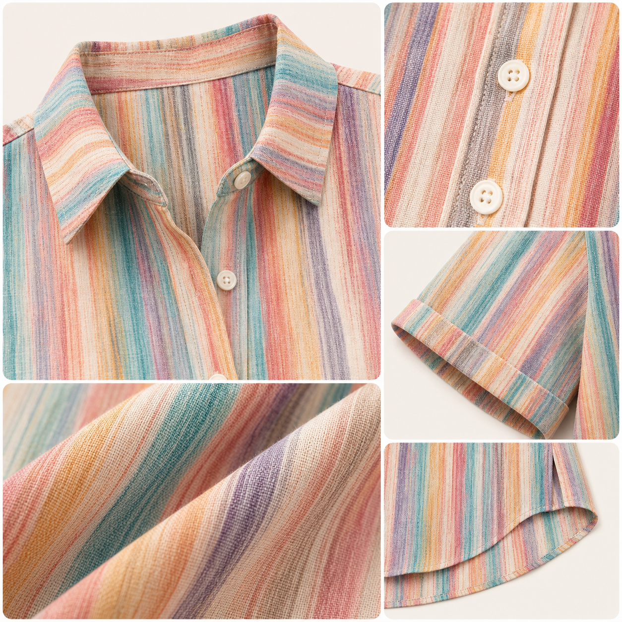 Blouse collar buttons sleeves fabric and hem details