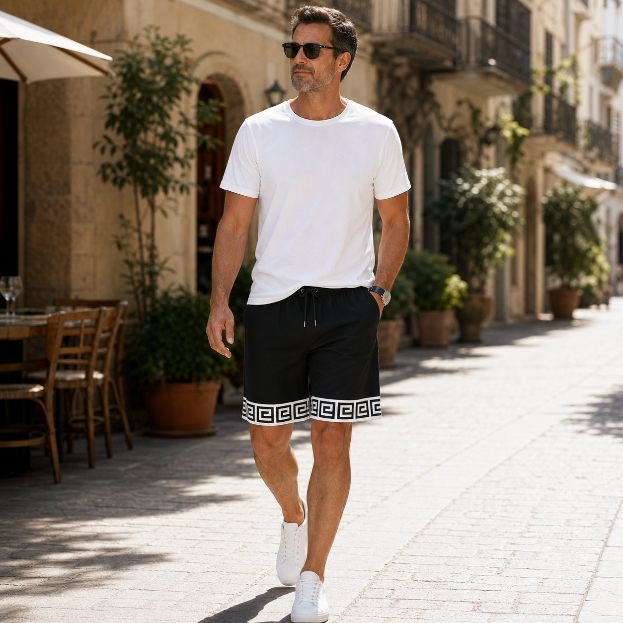 Man wearing Greek key hem athletic shorts
