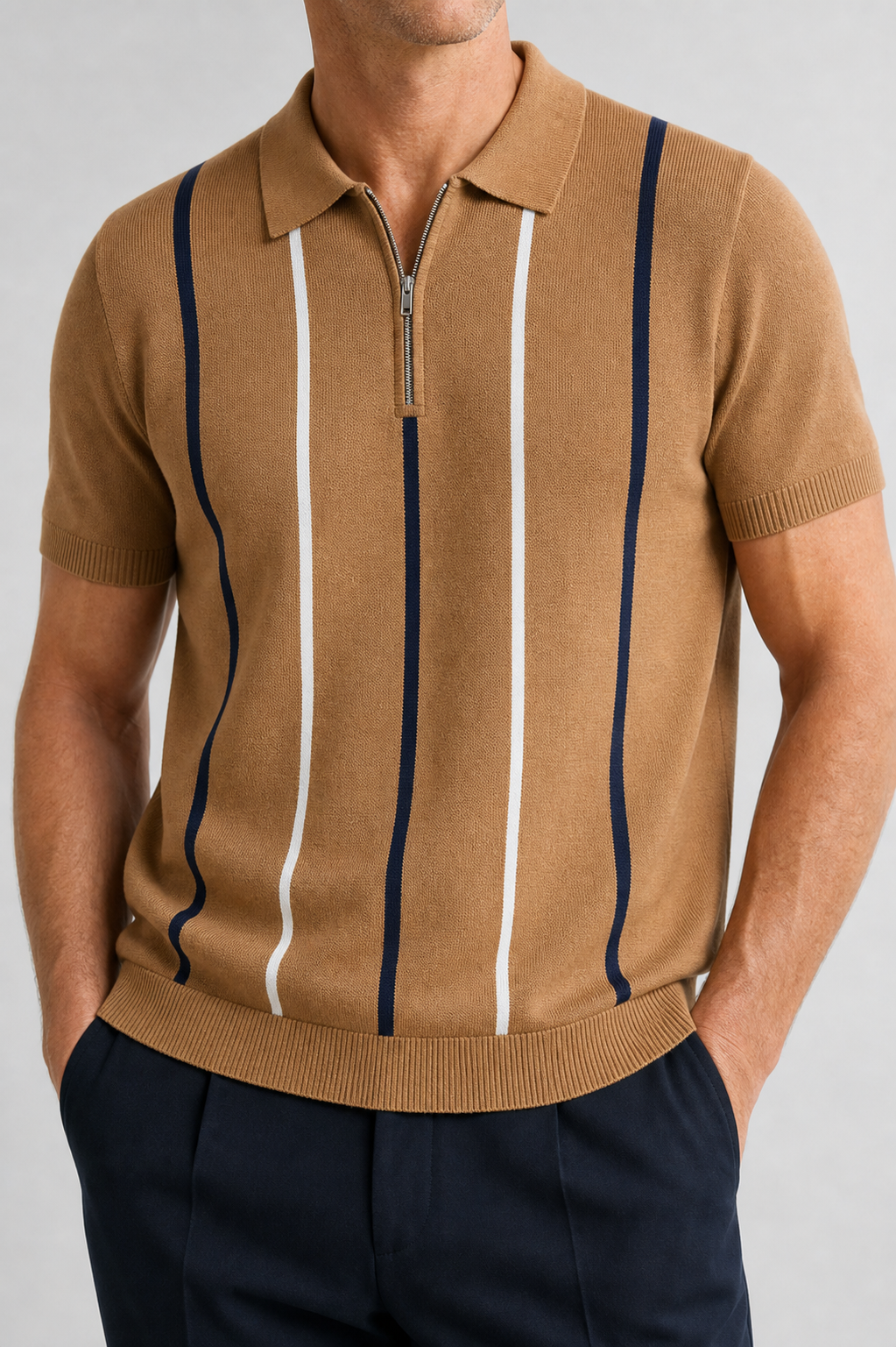 Camel men's short sleeve knit half-zip polo
