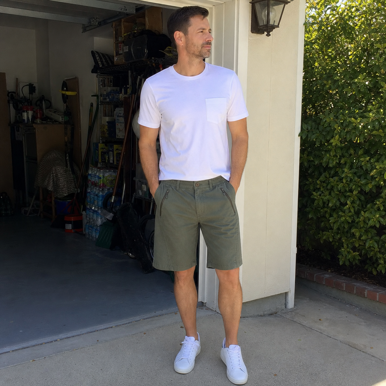 Customer wearing cargo shorts