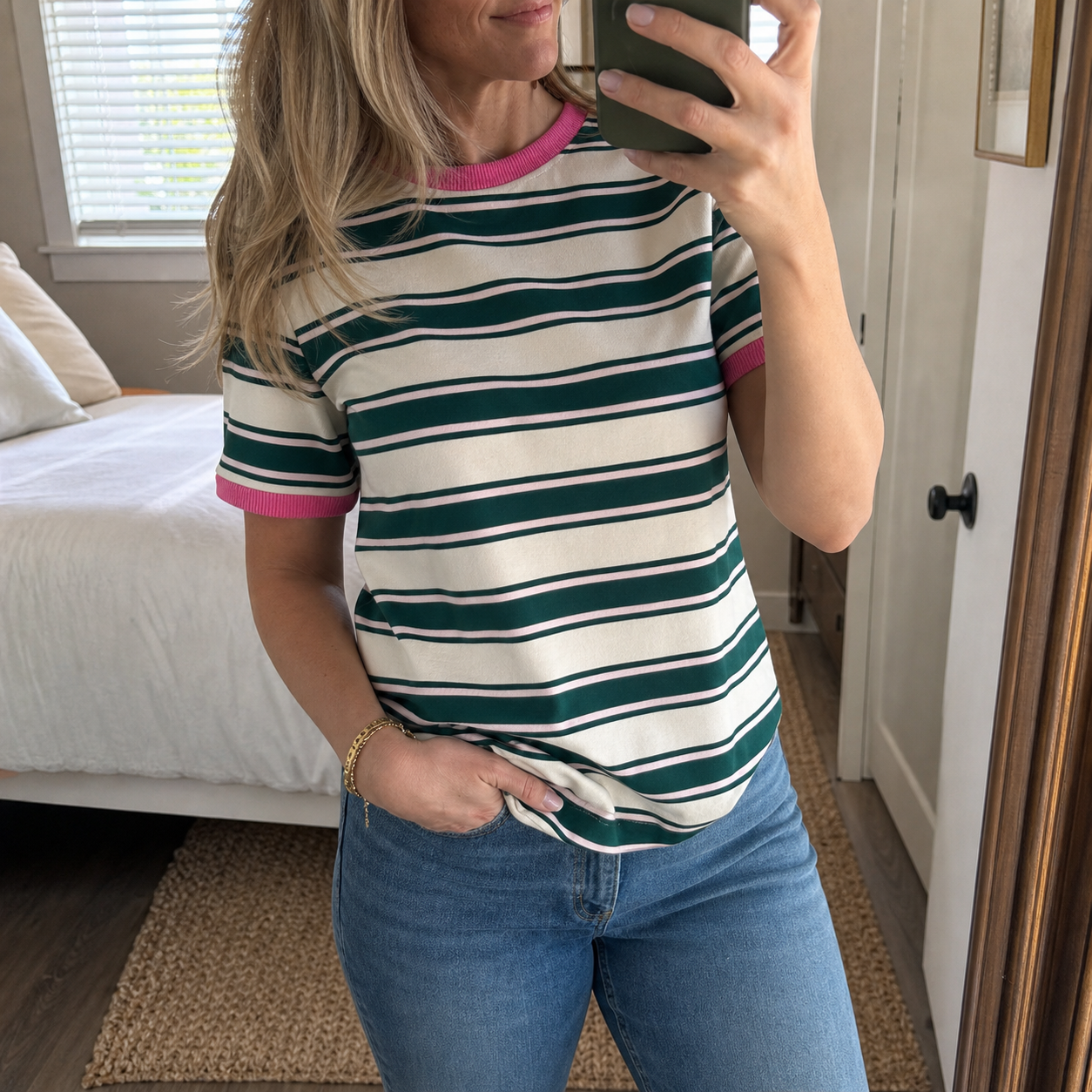 Customer wearing striped tee