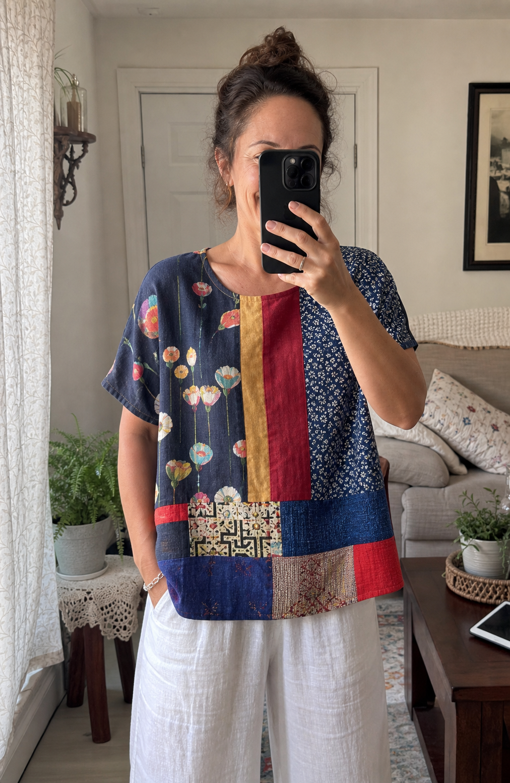 Customer wearing patchwork top
