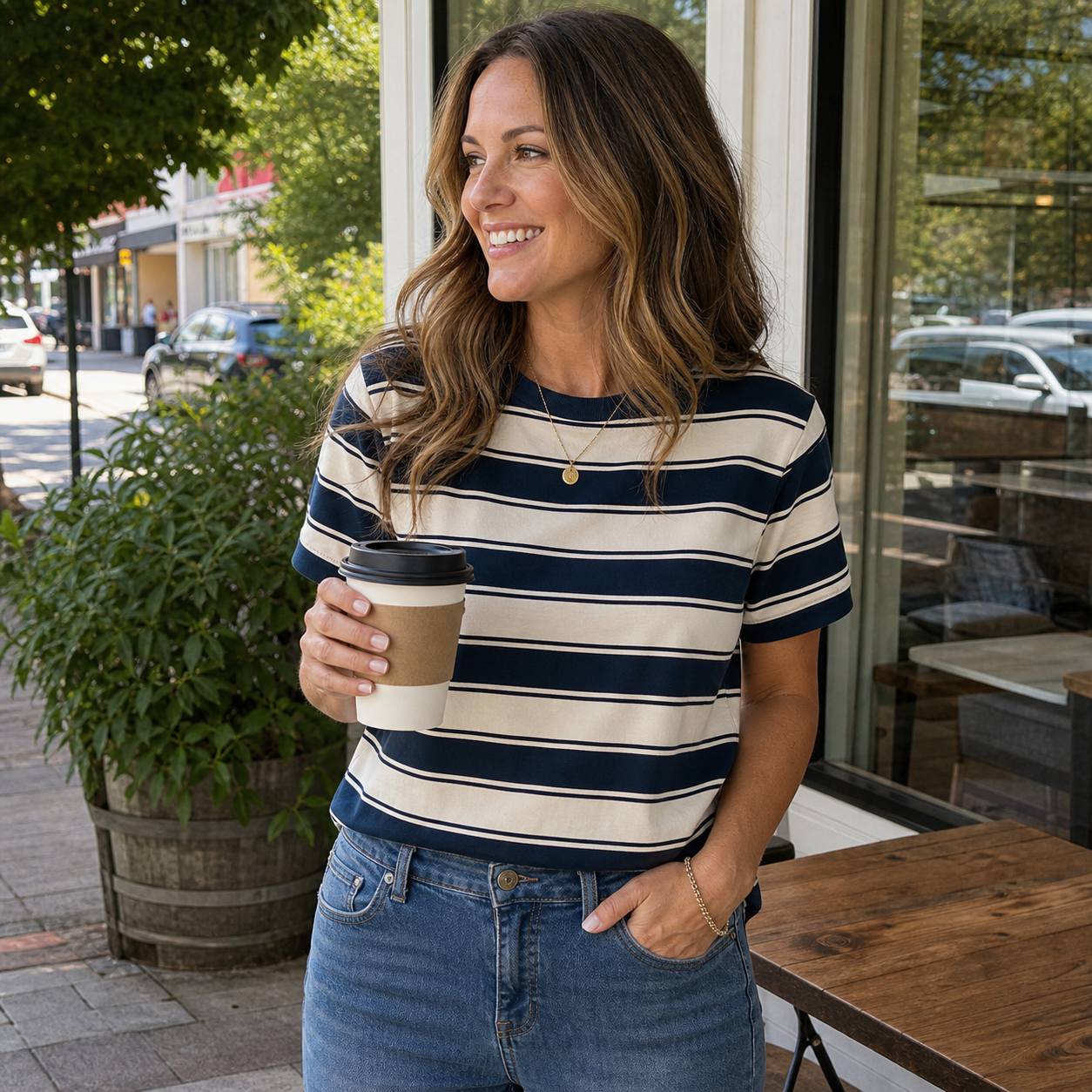 Customer wearing striped tee