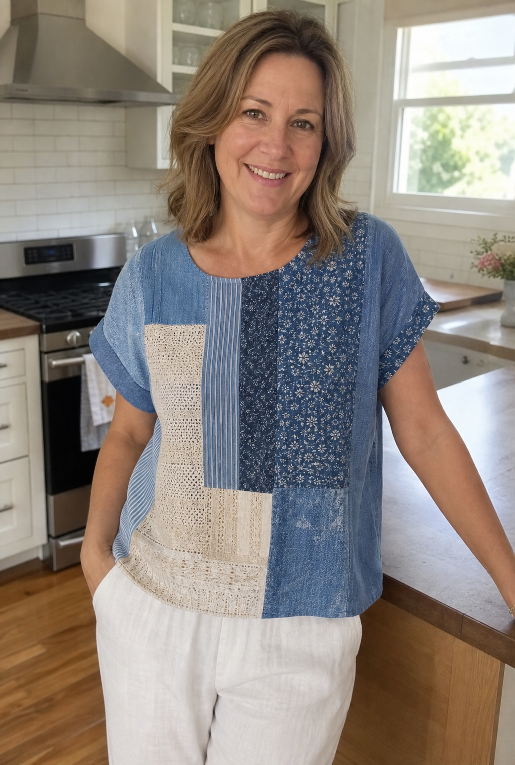 Customer wearing patchwork top