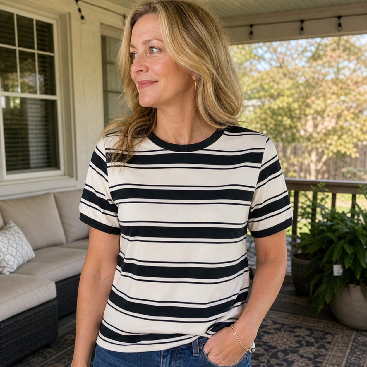 Customer wearing striped tee