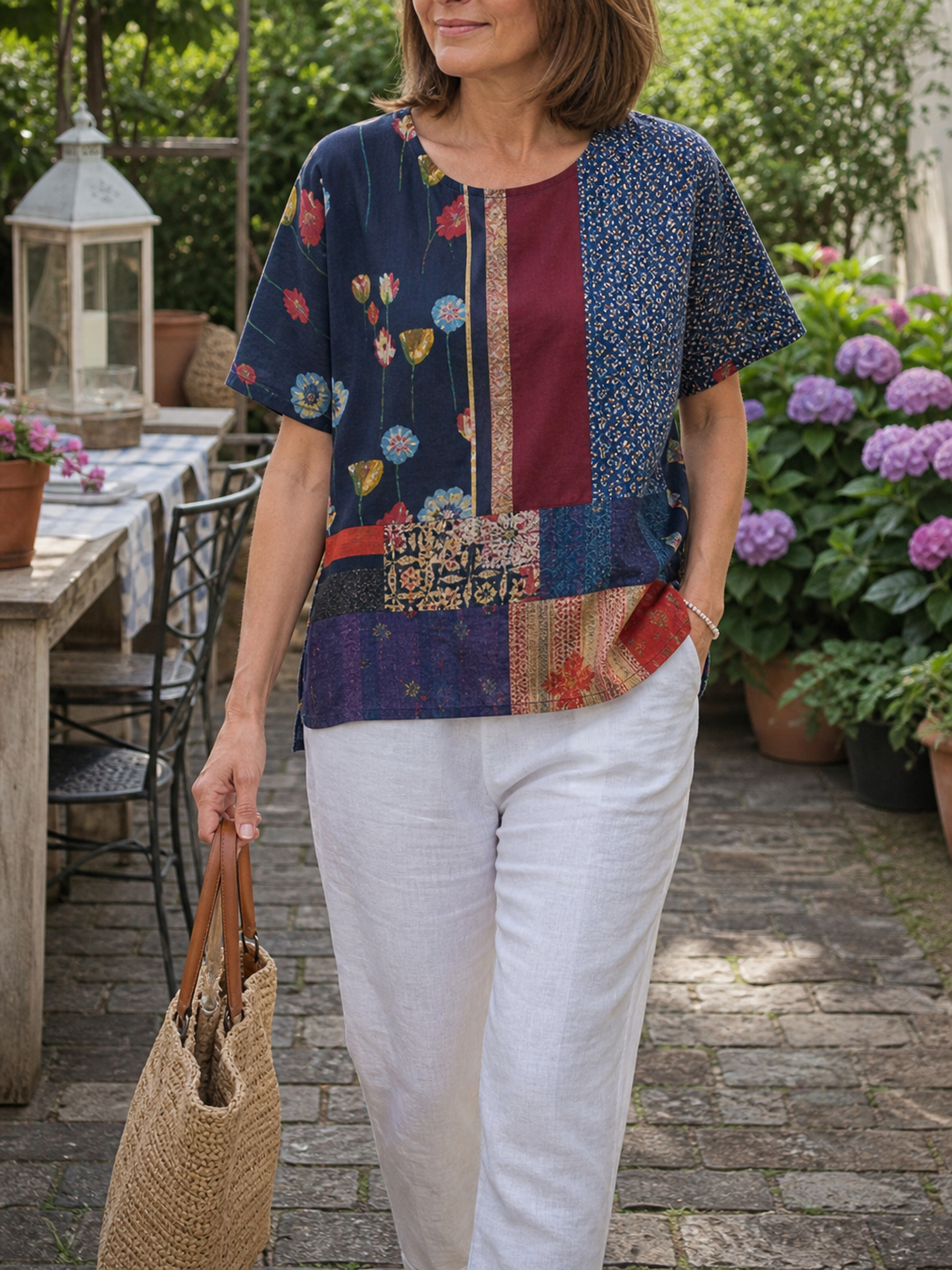 Customer wearing patchwork top