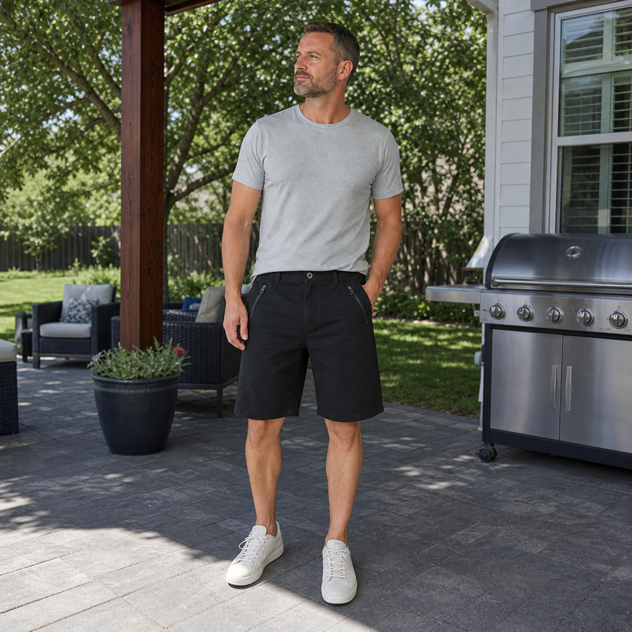 Customer wearing cargo shorts