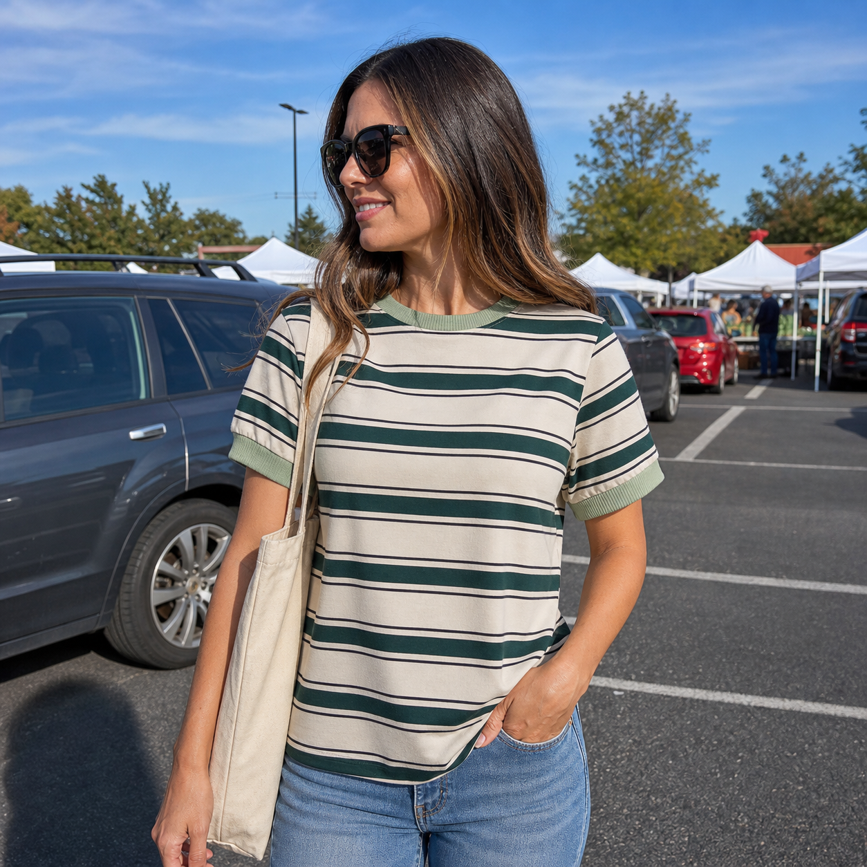 Customer wearing striped tee