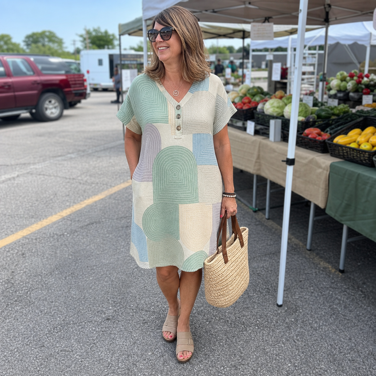 Customer wearing geo print dress