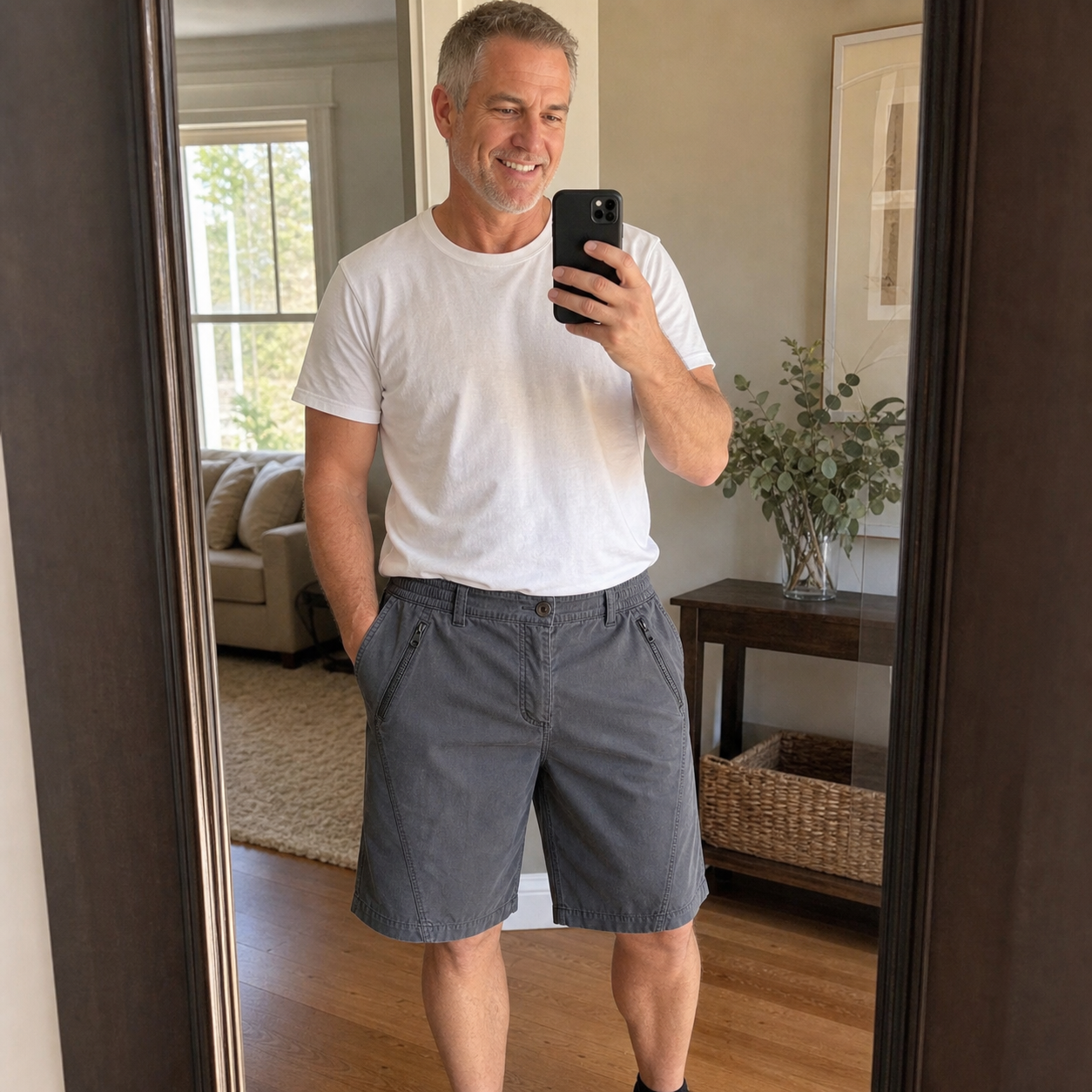 Customer wearing cargo shorts