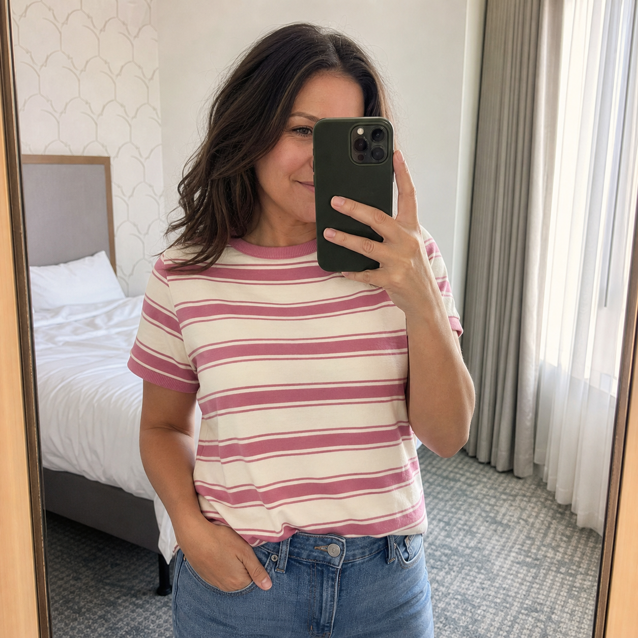 Customer wearing striped tee