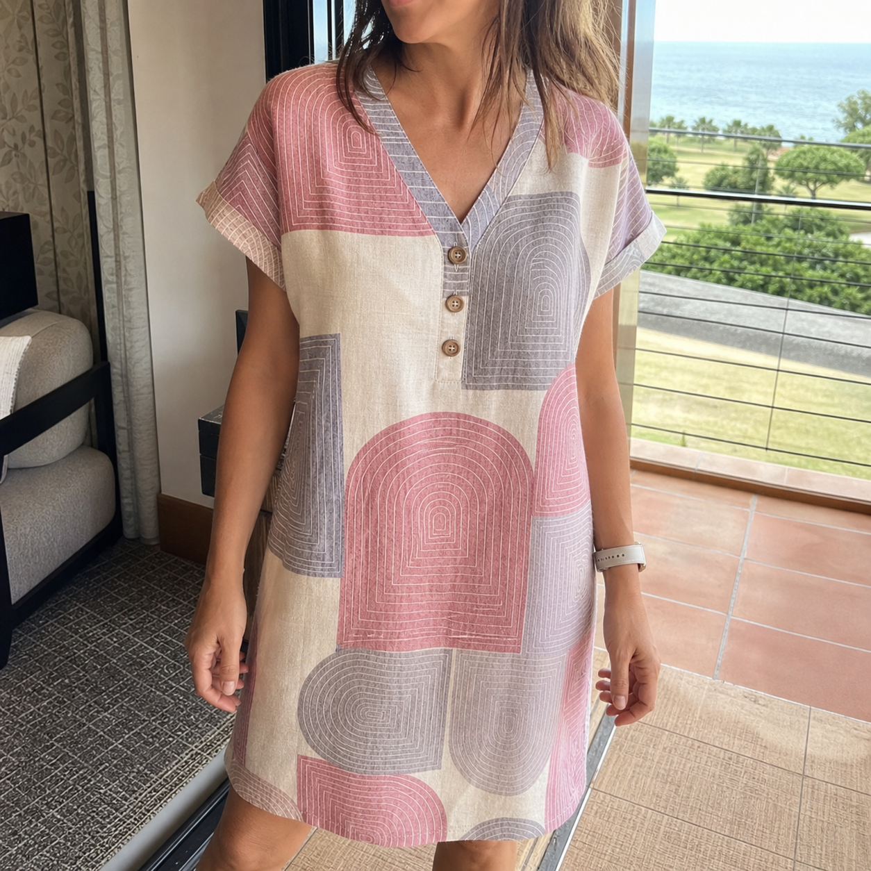 Customer wearing geo print dress