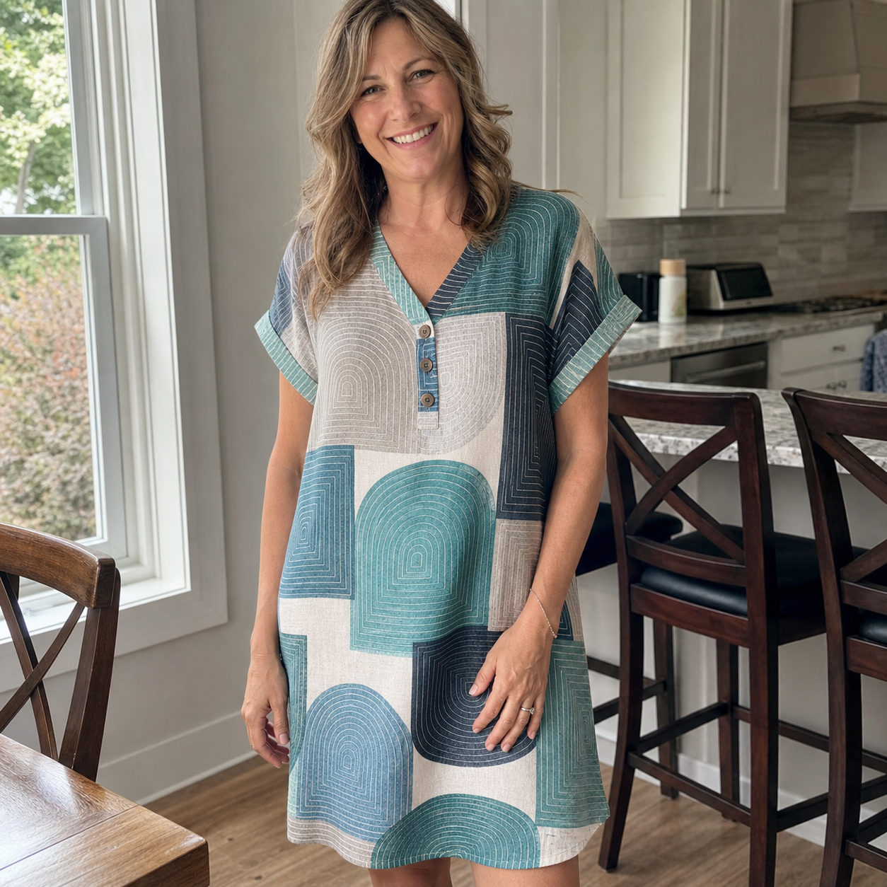 Customer wearing geo print dress