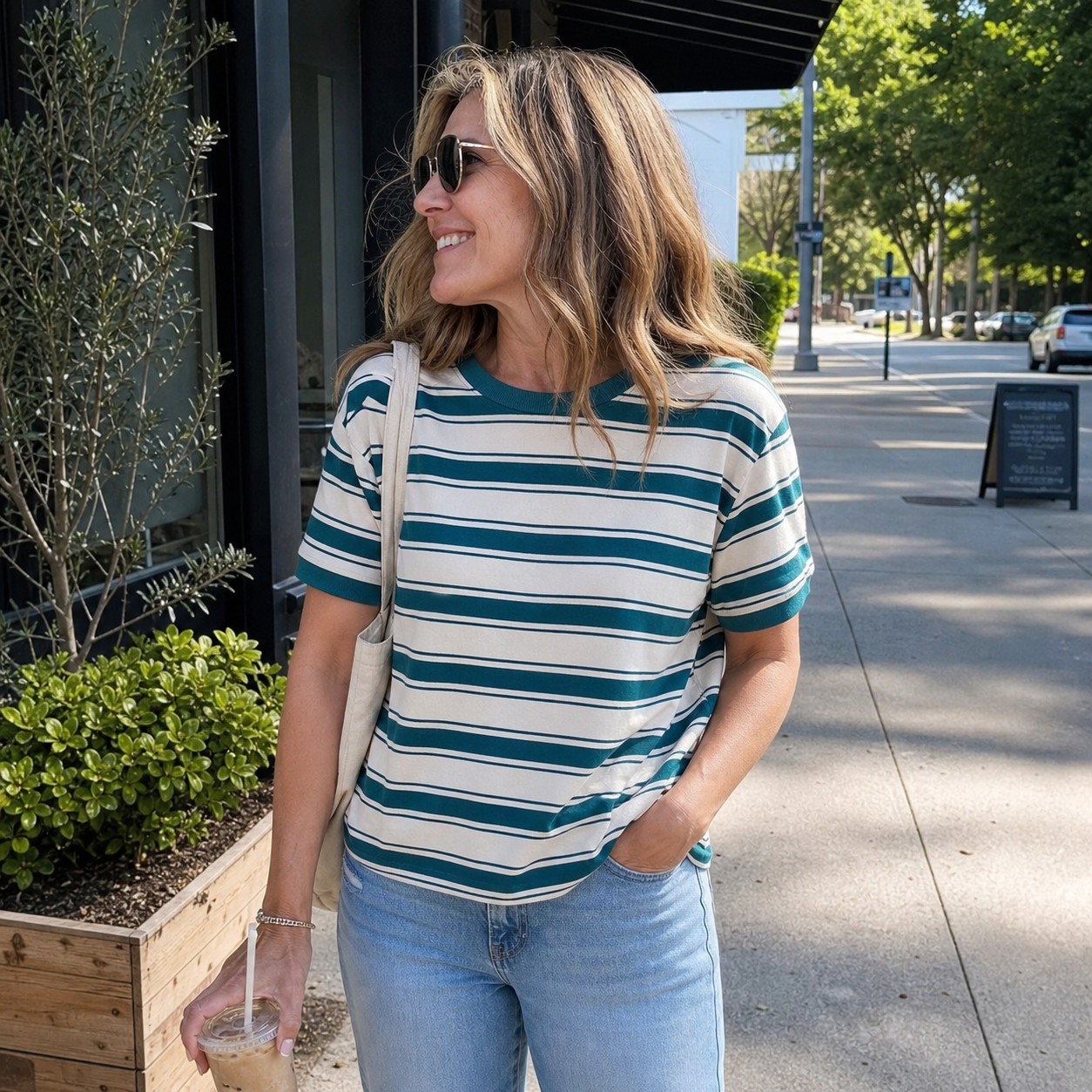 Customer wearing striped tee