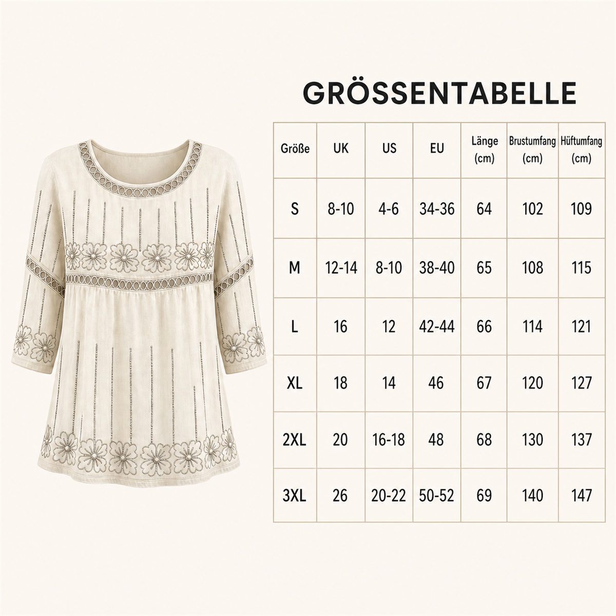 Detaillierte Größentabelle S bis 3XL mit UK-, US- und EU-Referenzgrößen