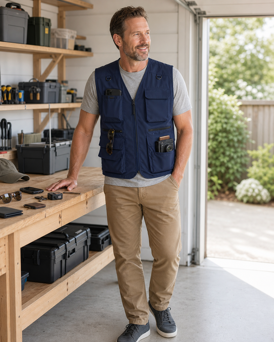 Navy multi-pocket utility vest outfit with casual pants and daily gear