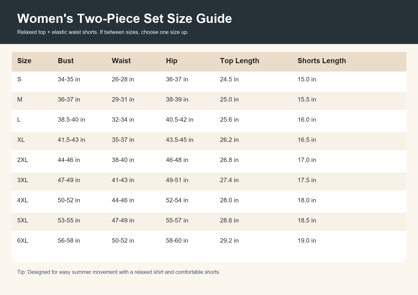 Women's linen-blend two-piece set size chart S to 6XL