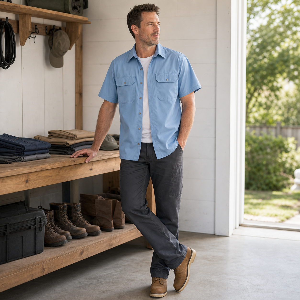 Light blue short sleeve work shirt casual workwear outfit