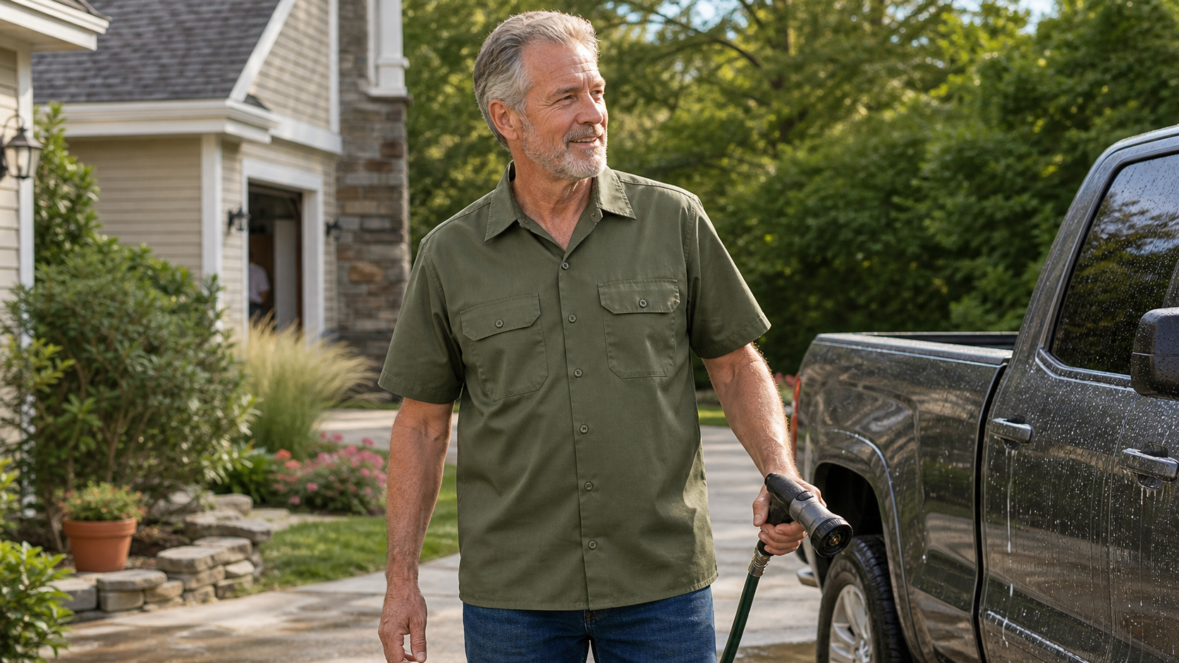 Men's olive short sleeve work shirt for warm yard and driveway tasks