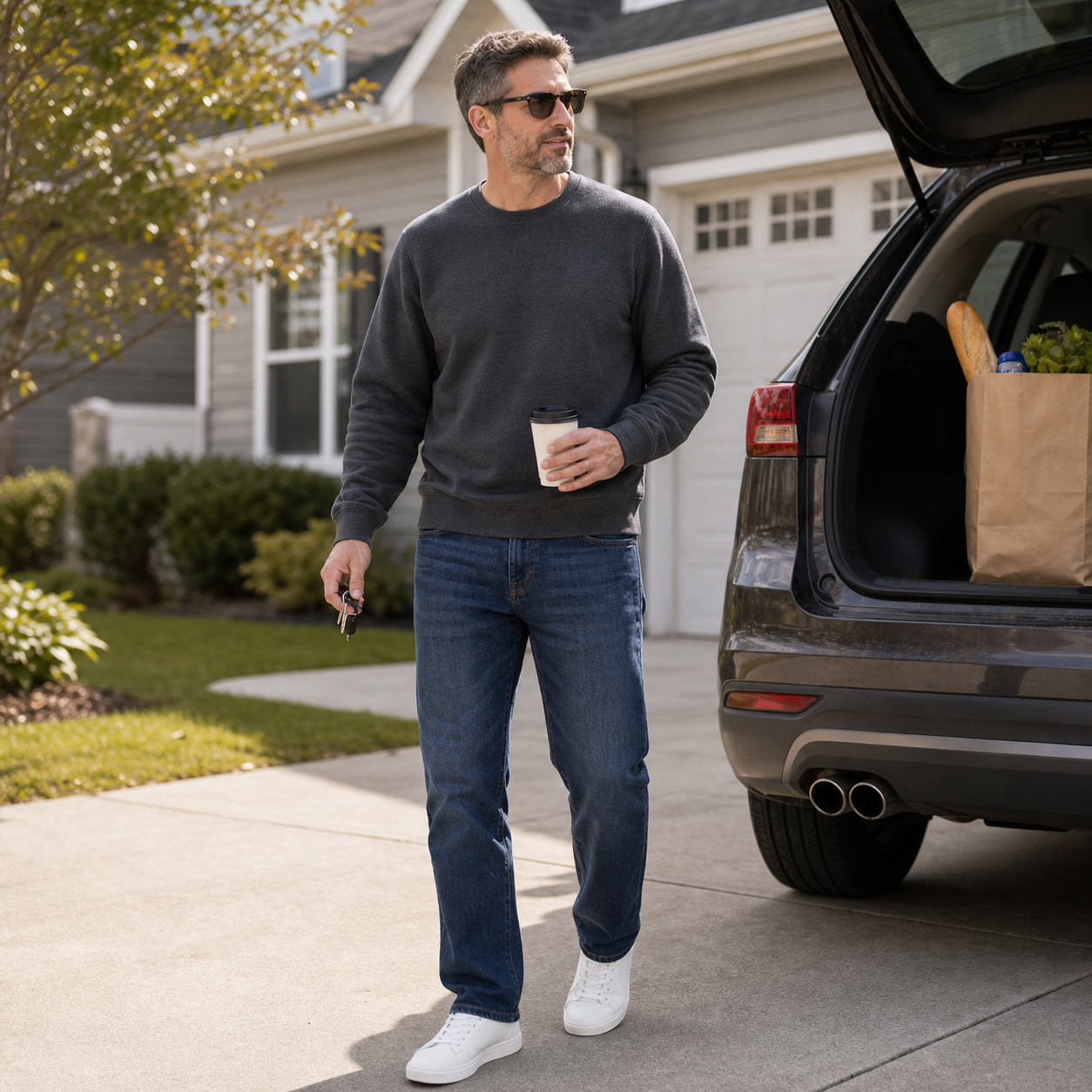 Man wearing a basic fleece crewneck sweatshirt for casual errands