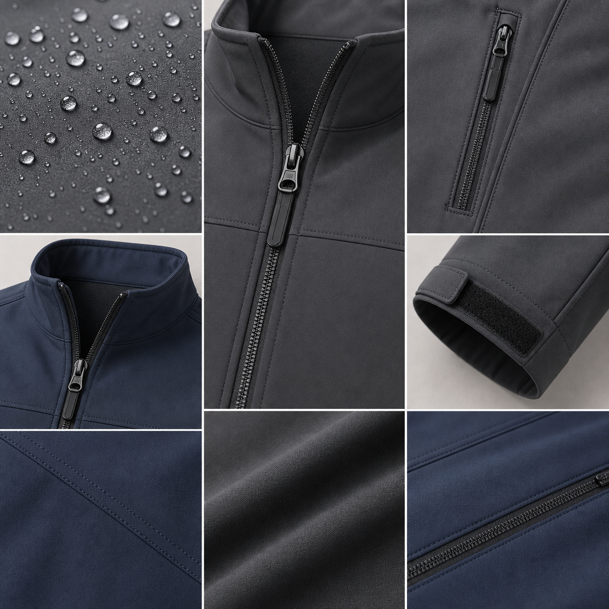 Water-resistant softshell fabric zipper pocket collar cuff and woven detail closeups
