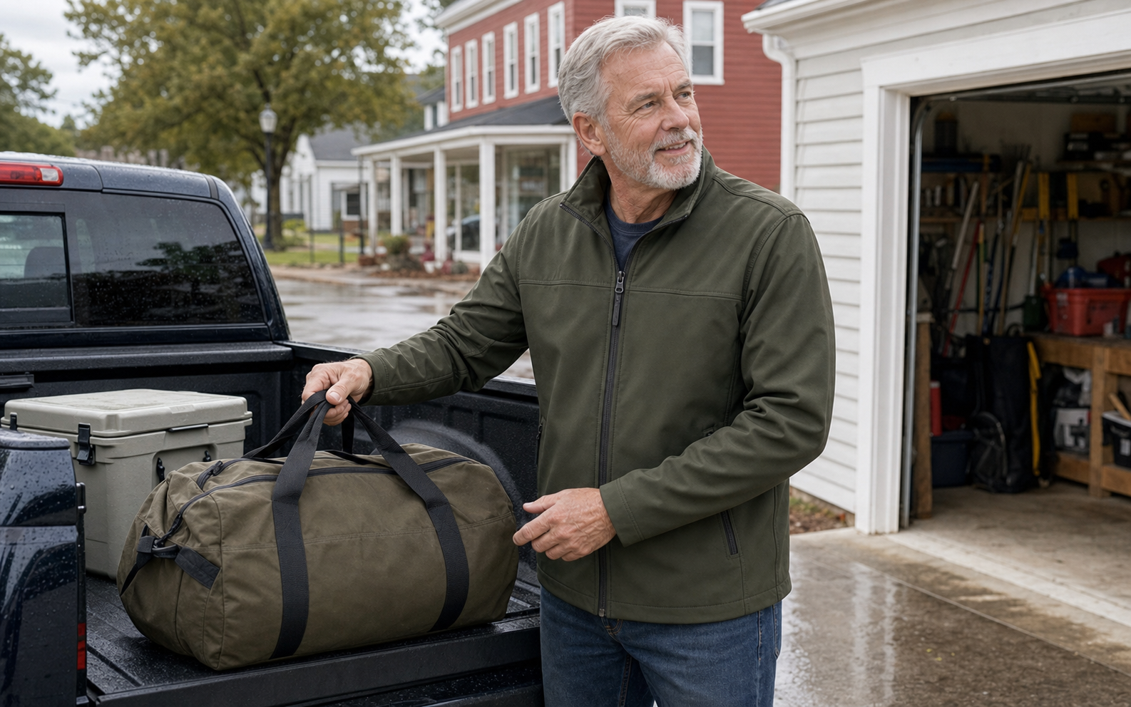 Men's army green softshell jacket for truck, garage and travel use