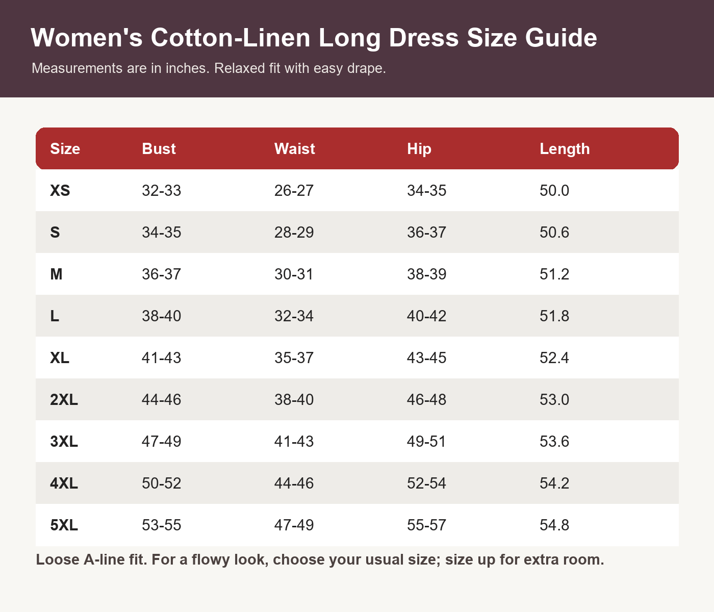 Women's cotton-linen patchwork long dress size chart XS-5XL