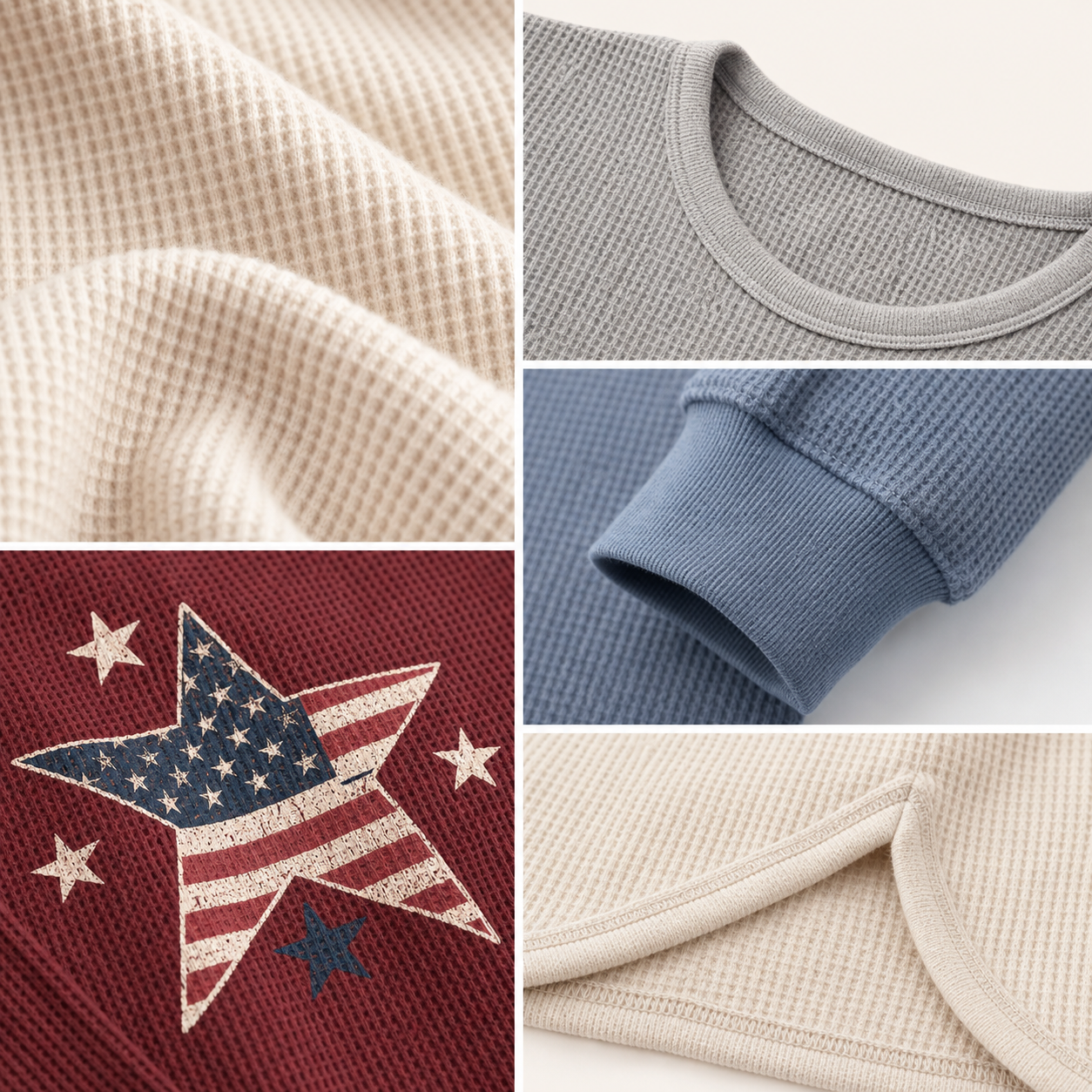 Women's waffle knit long sleeve shirt fabric neckline cuff print and stitching details