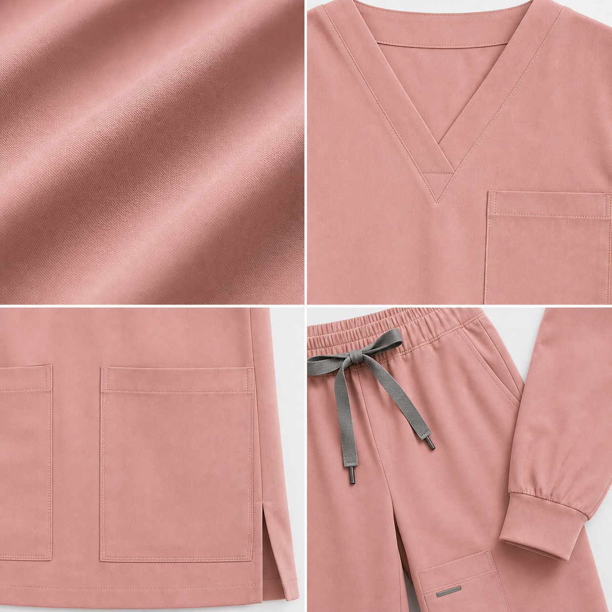 V-neck scrub set fabric pocket waistband and cuff details
