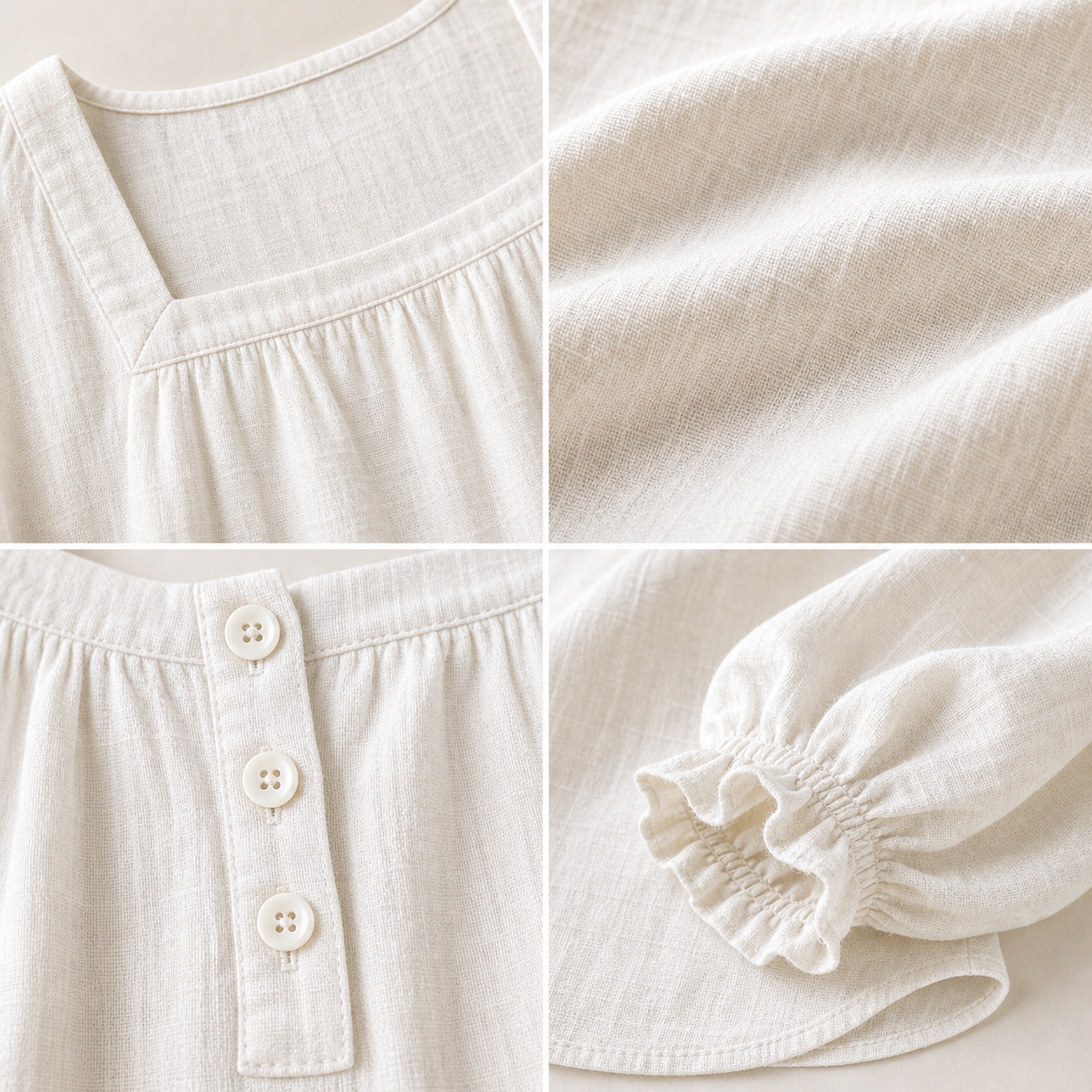 Close-up of linen-look fabric square neckline button placket balloon sleeve and gathered cuff
