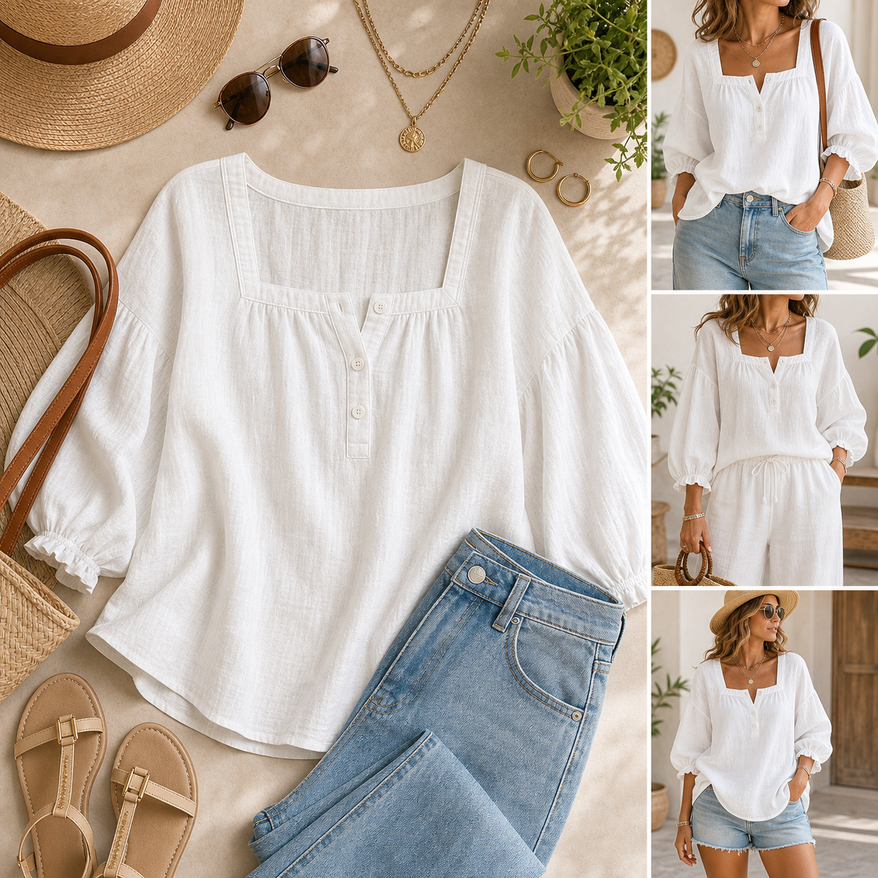 Ivory square neck blouse outfit pairing with denim and resort accessories