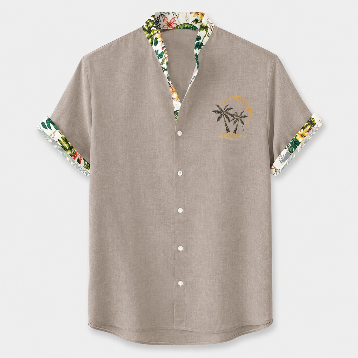 Men’s Casual Short Sleeve Button Shirt with Tropical Trim