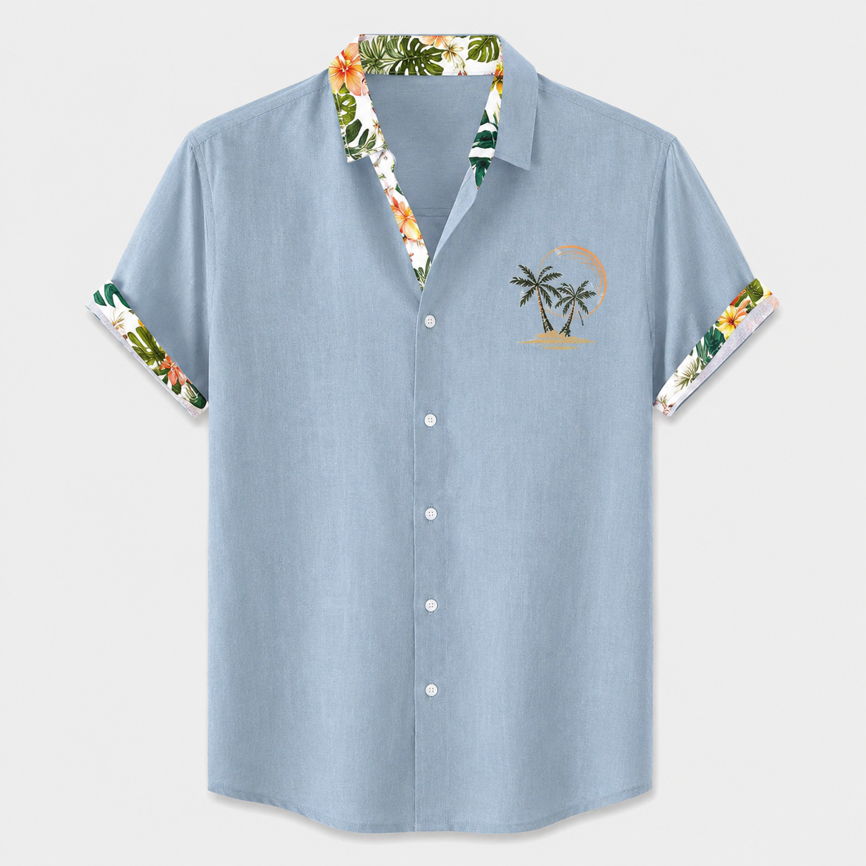 Men’s Casual Short Sleeve Button Shirt with Tropical Trim