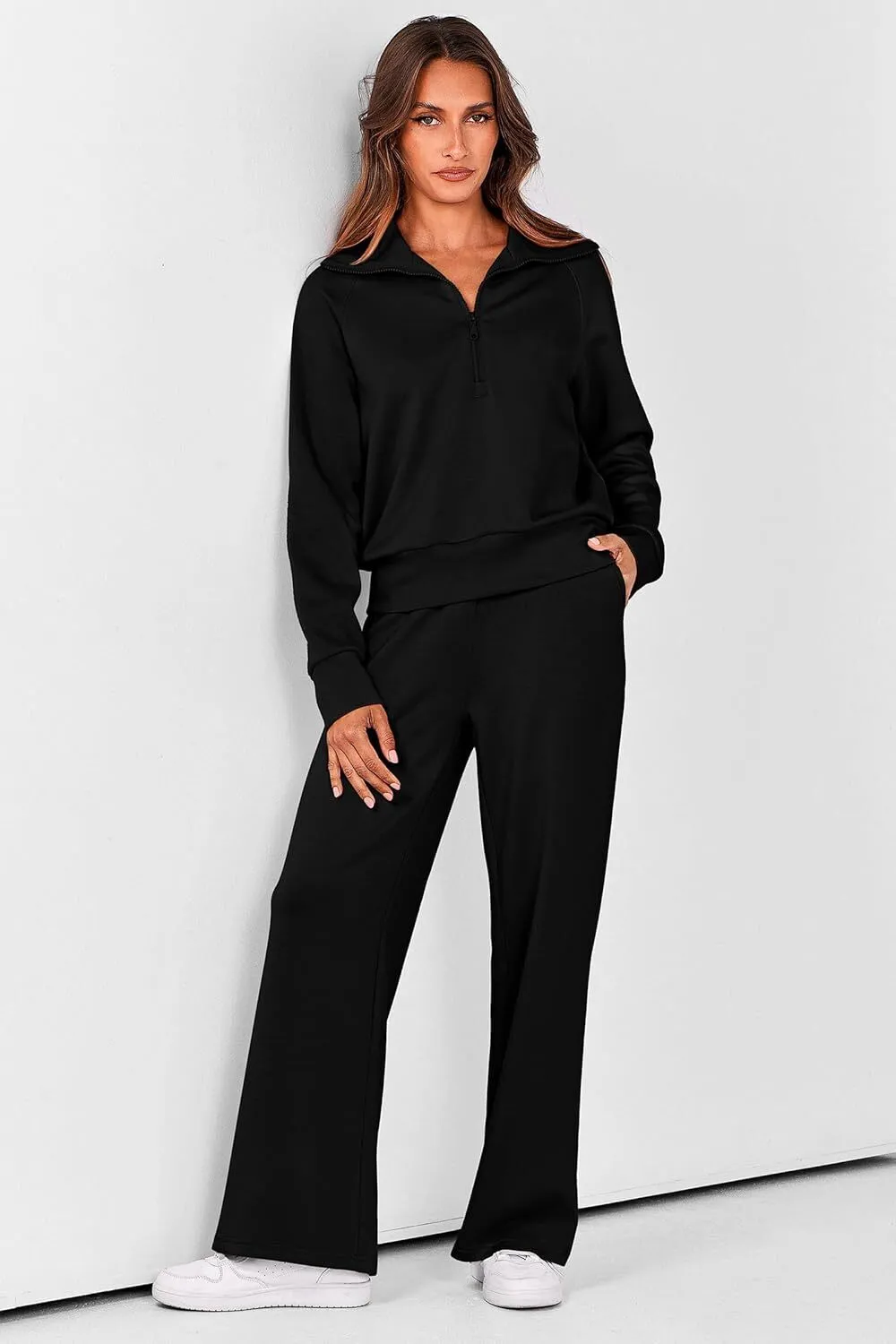 Women's 2 Piece Outfits Casual Lapel Half Zip Sweatshirts And Wide Leg Pants Tracksuit Sets