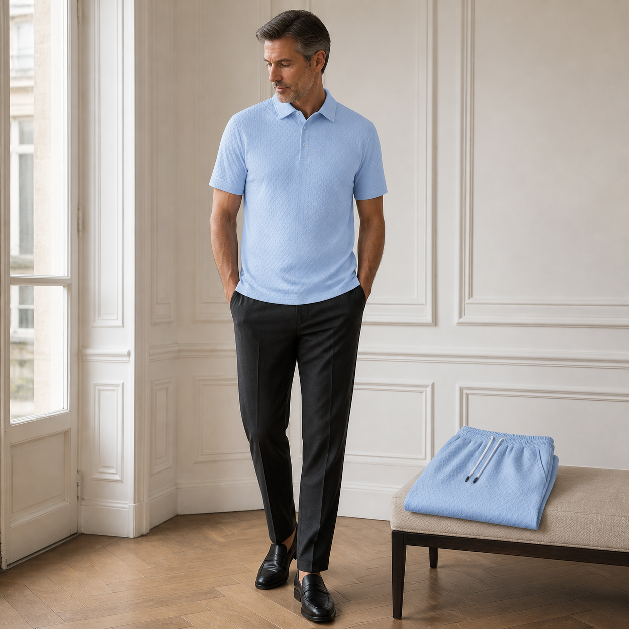 Polo texturé homme associé à un pantalon sombre