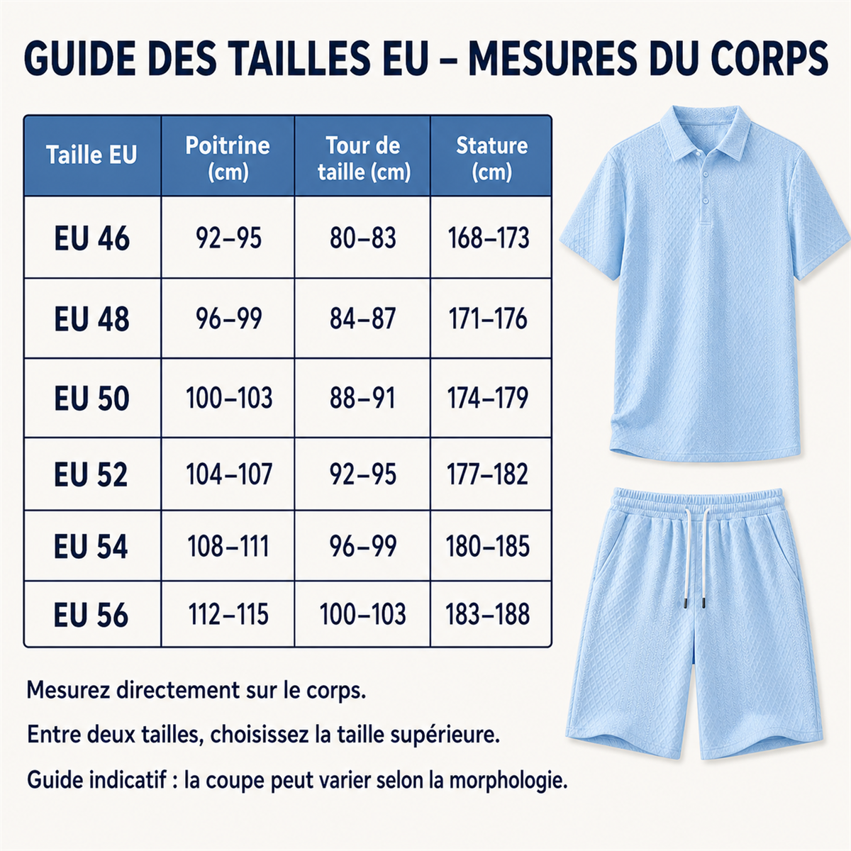 Guide des tailles EU détaillé en centimètres