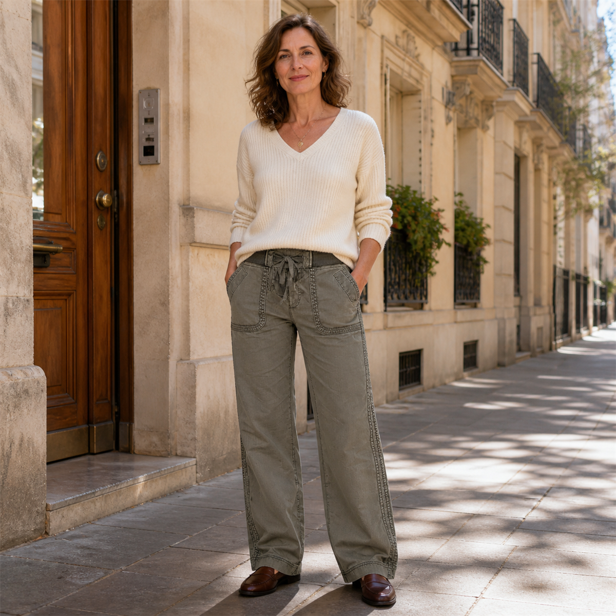 Pantalon cargo décontracté femme à taille coulissée et poches arrondies - Porté dans une scène quotidienne