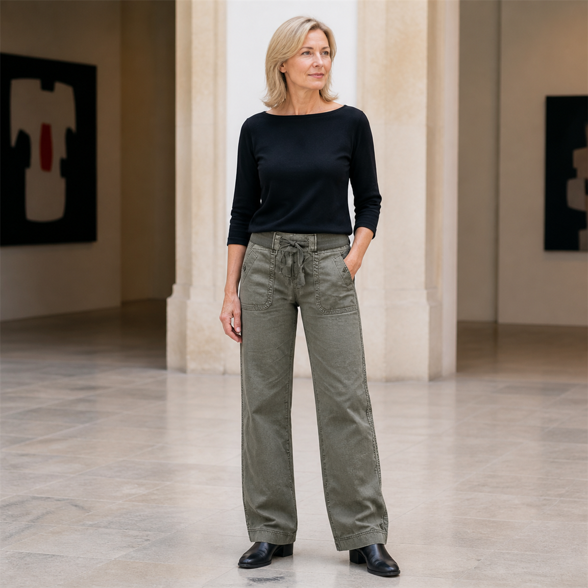 Pantalon cargo décontracté femme à taille coulissée et poches arrondies - Moment de week-end