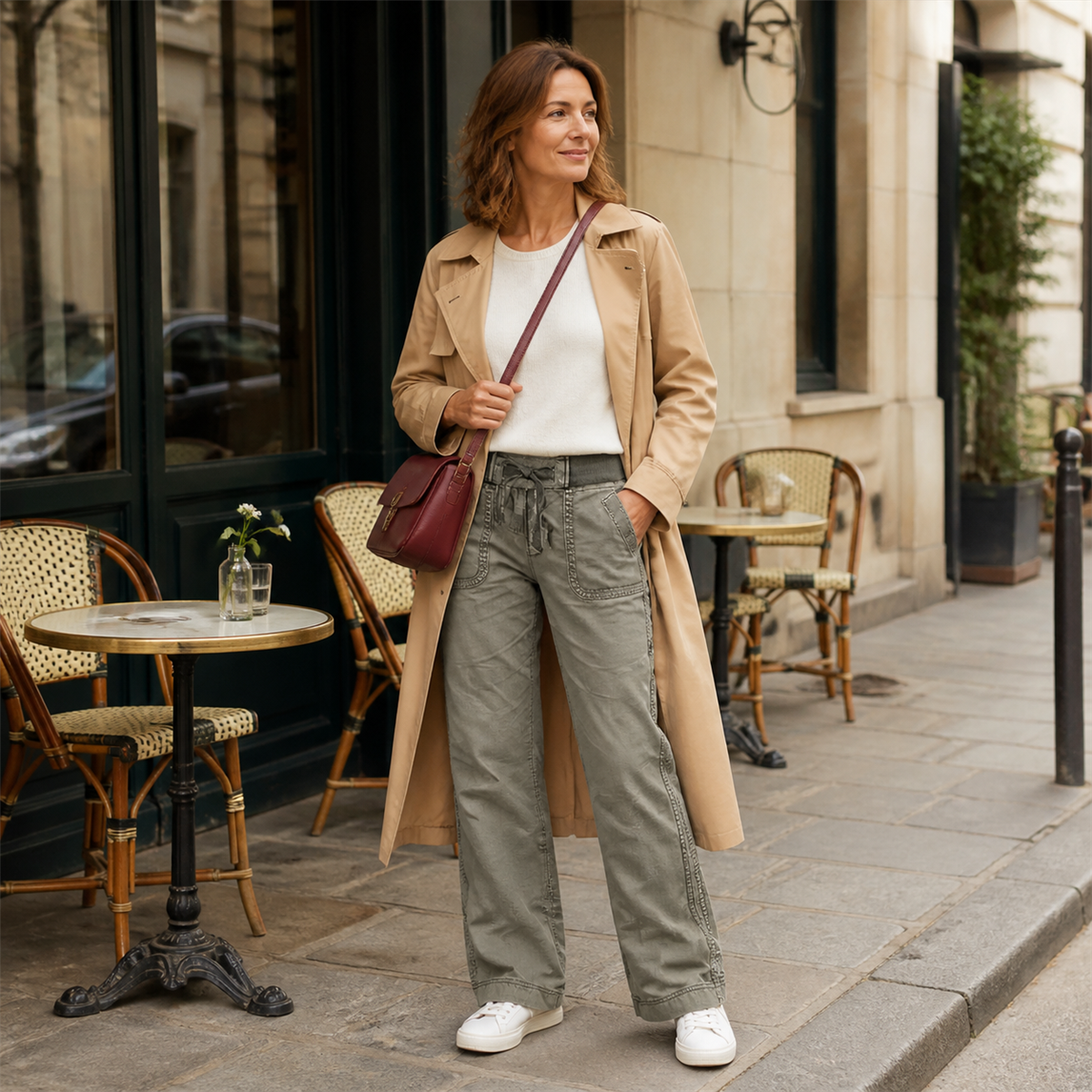 Pantalon cargo décontracté femme à taille coulissée et poches arrondies - Première idée de tenue